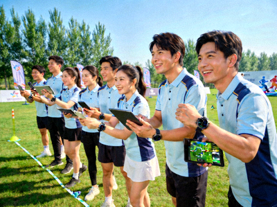 企业员工在户外使用智能设备进行团队协作运动比赛